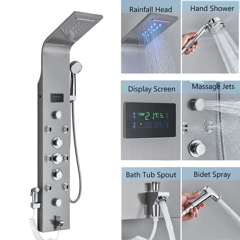 Duschpaneel, Led-lichtfunktion, Dreifachbedienung, Nickel 8009