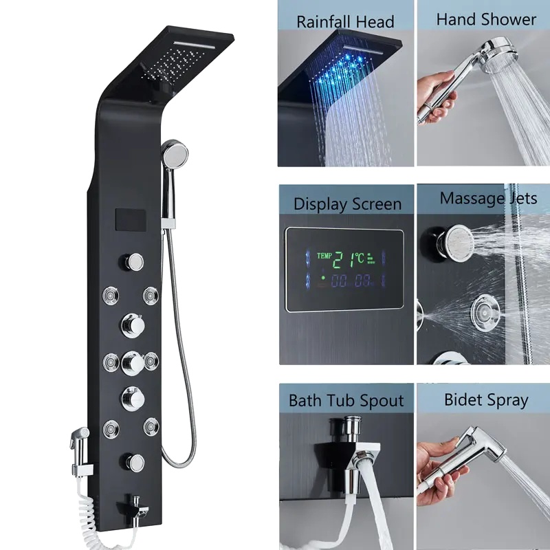 Duschpaneel, Led-lichtfunktion, Dreifachbedienung, Schwarz 8009