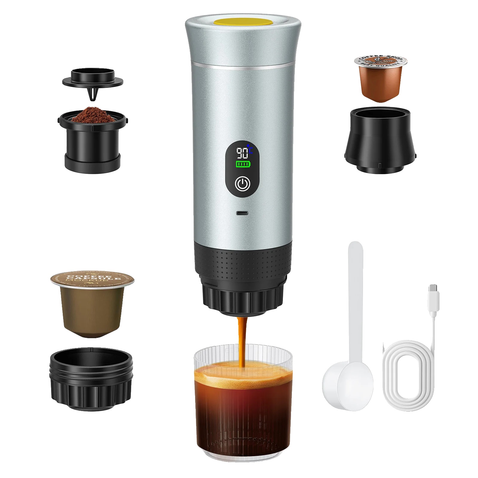 Espressomaschine, Tragbares Design, 3-in-1 Brühkompatibilität, Silberne