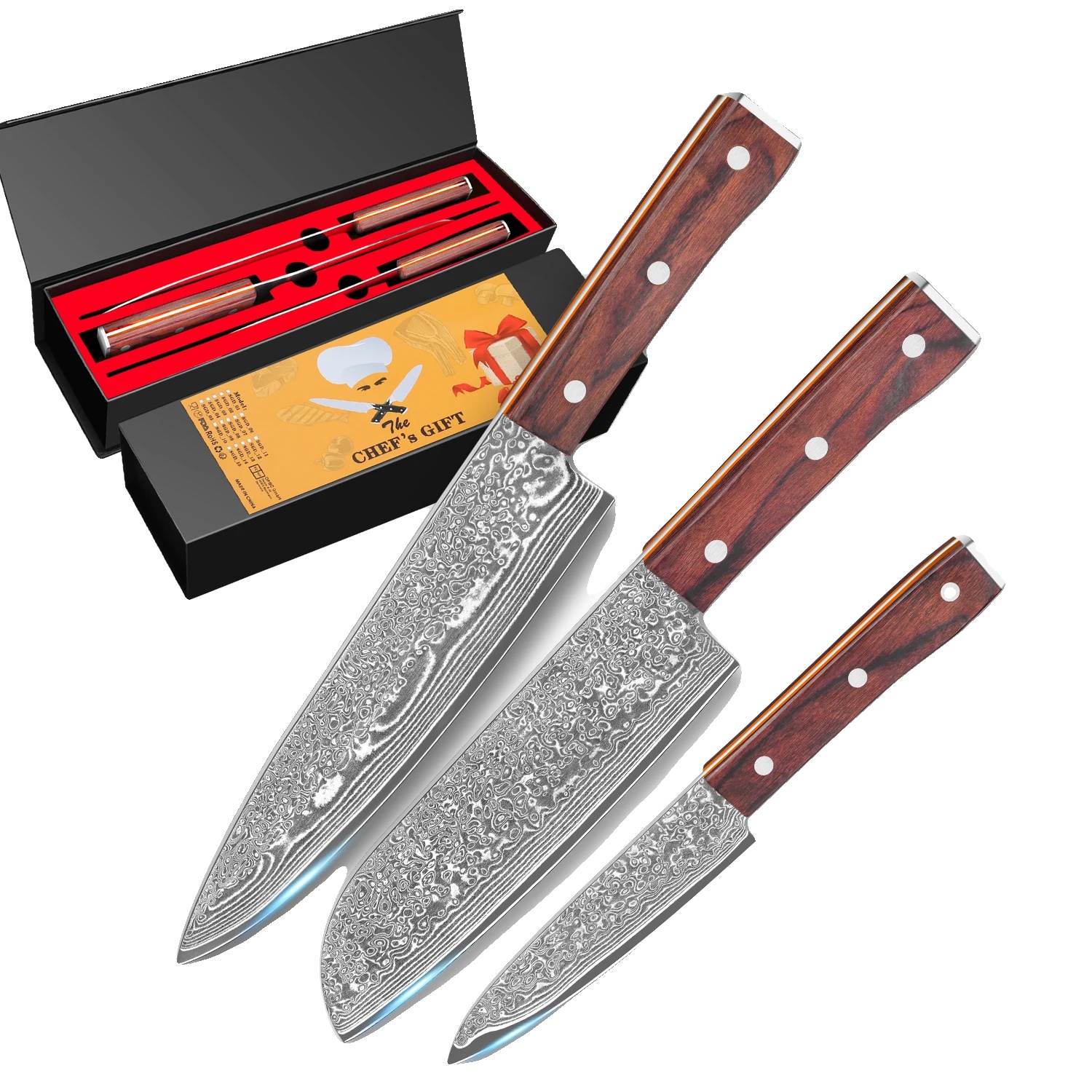 Küchenmesser Set, Damaststahl, Ergonomische Holzgriffe, D08-005, 12,99 Zoll