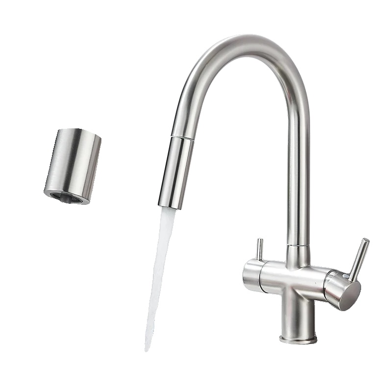 Küchenarmatur, Ausziehbare Sprühdüse, Doppelgriff, Bürstetes Nickel