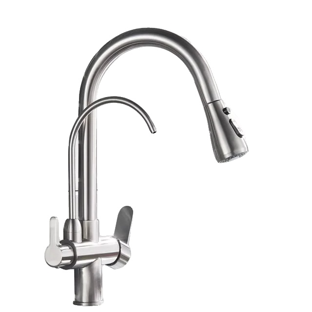 Wasserhahn, Ausziehbare Sprühdüse, Doppelgriff, Bürstetes Nickel