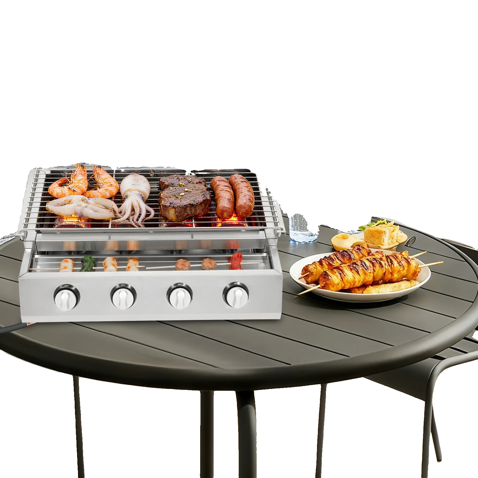 Gas Bbq Grill, 4 Brenner, Edelstahlkonstruktion, Verstellbare Grillhöhe, Grillgröße 55,8x23,2cm, Kochbereich Kompakte Größe