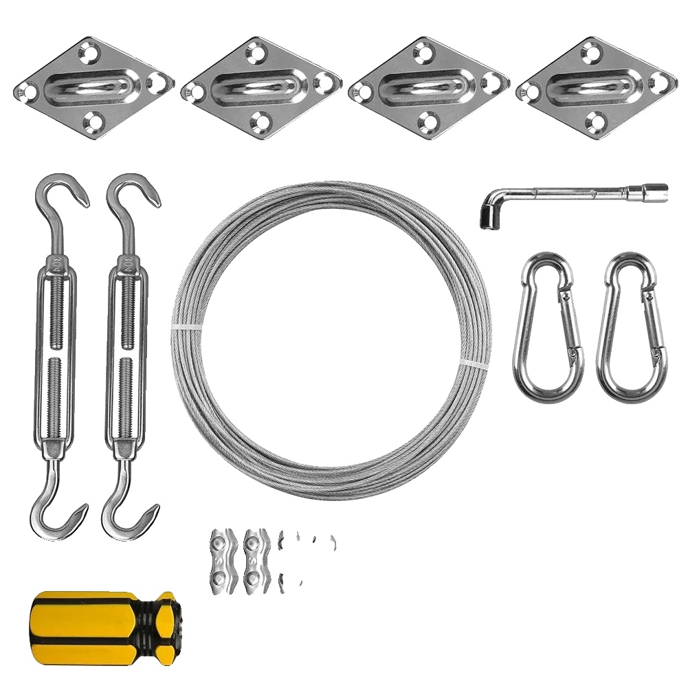 Sonnensegel-befestigungsset, 304 Edelstahl, 15m Drahtseil, 2 M5 Spannschlösser, 4 M5 Pad-augen, 4 Doppelclips
