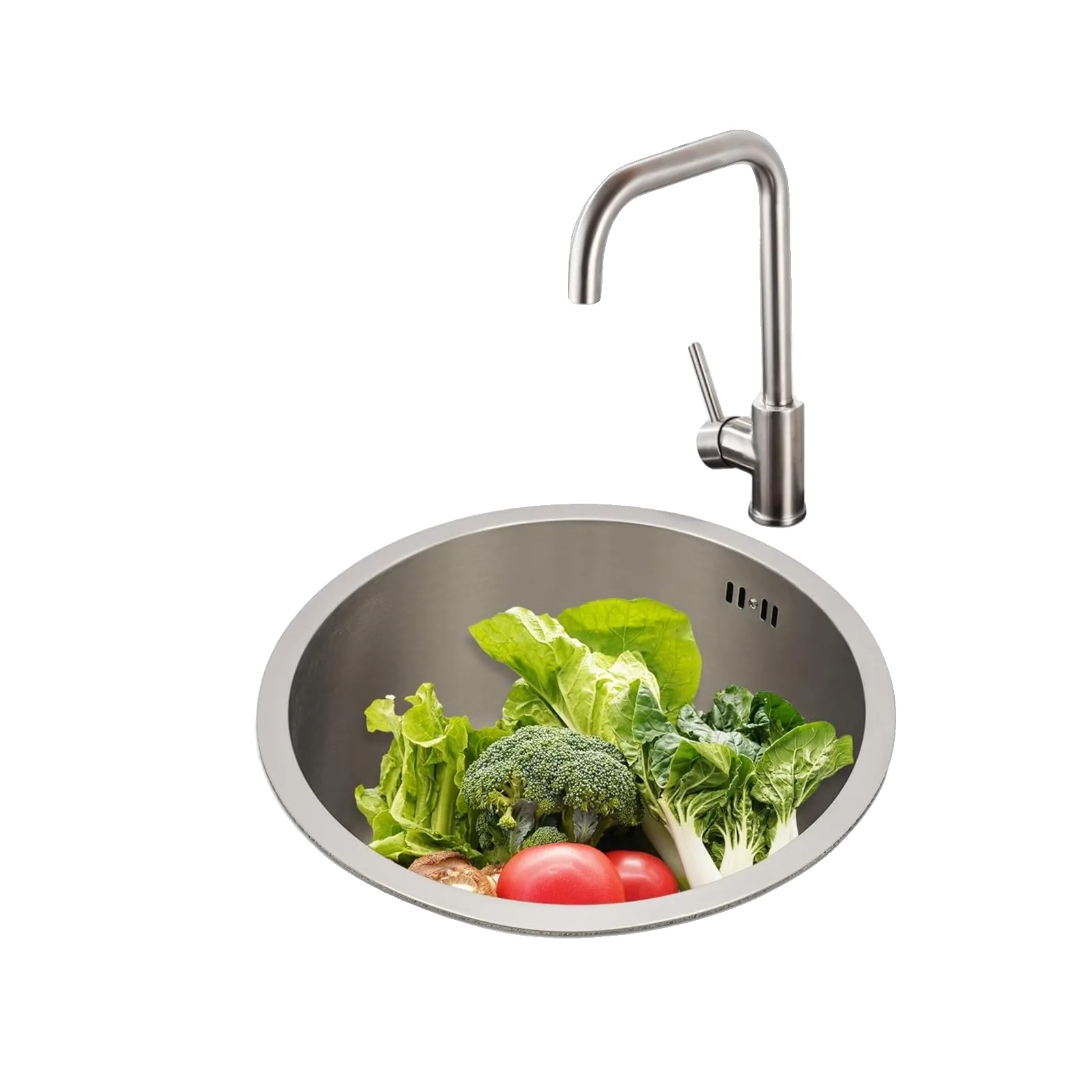 Runder Waschbecken, 36 Cm Durchmesser, Edelstahlmaterial, Einzelbeckenstil, Ein Loch, Montierbar & Einbauinstallation