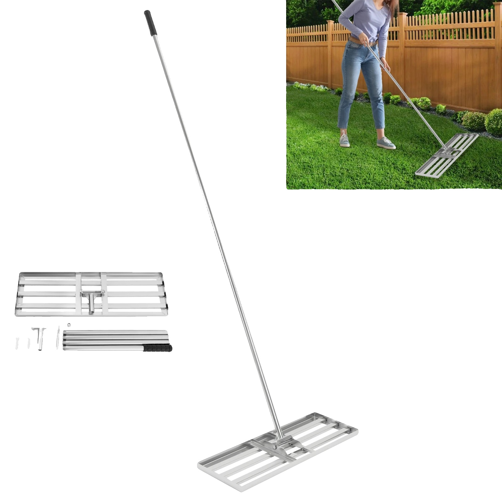 Rasenebene-rake, Verstellbarer Griff, Langlebiges Edelstahlmaterial, Silber