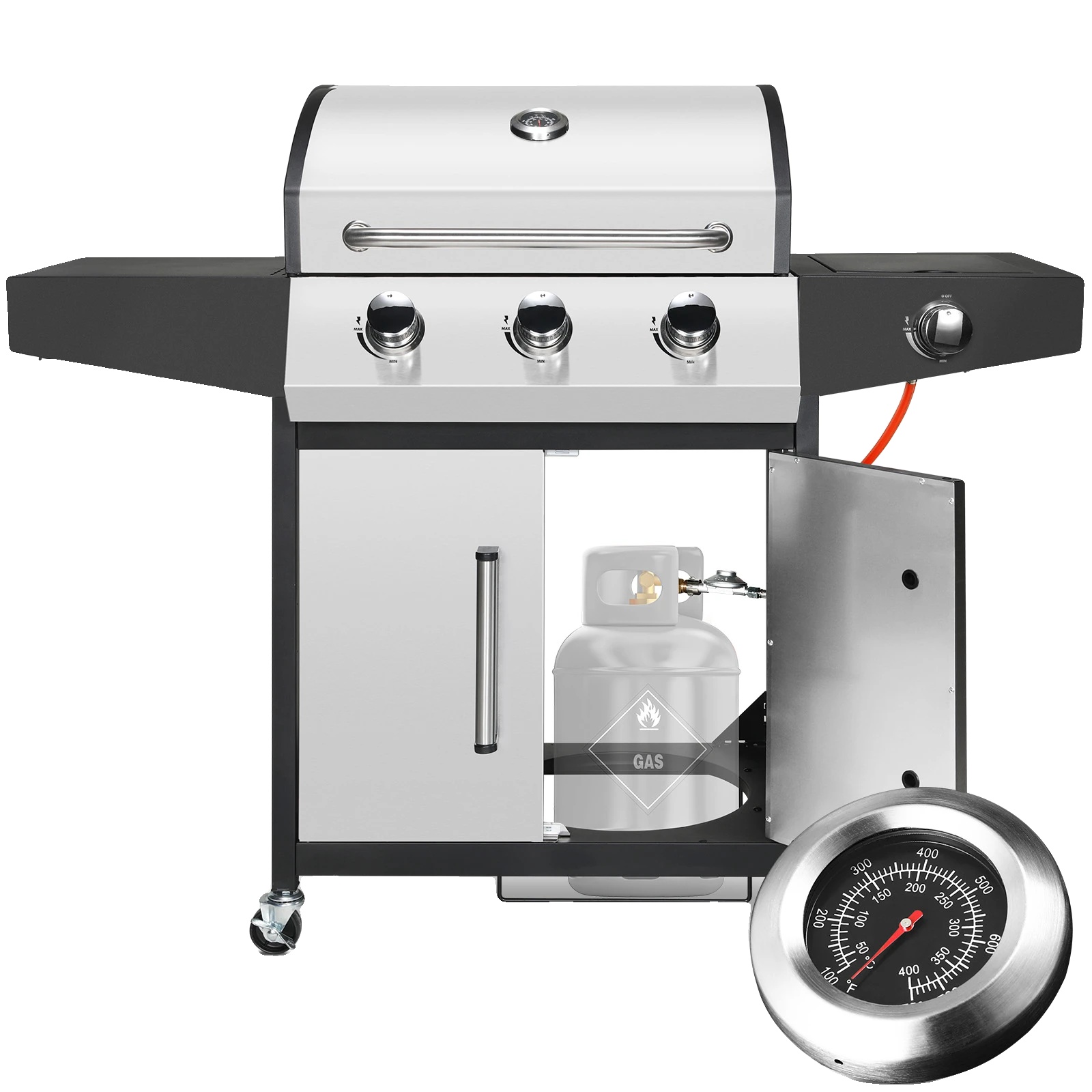 Gasgrill, 3+1 Brenner, Edelstahlkonstruktion, Silber