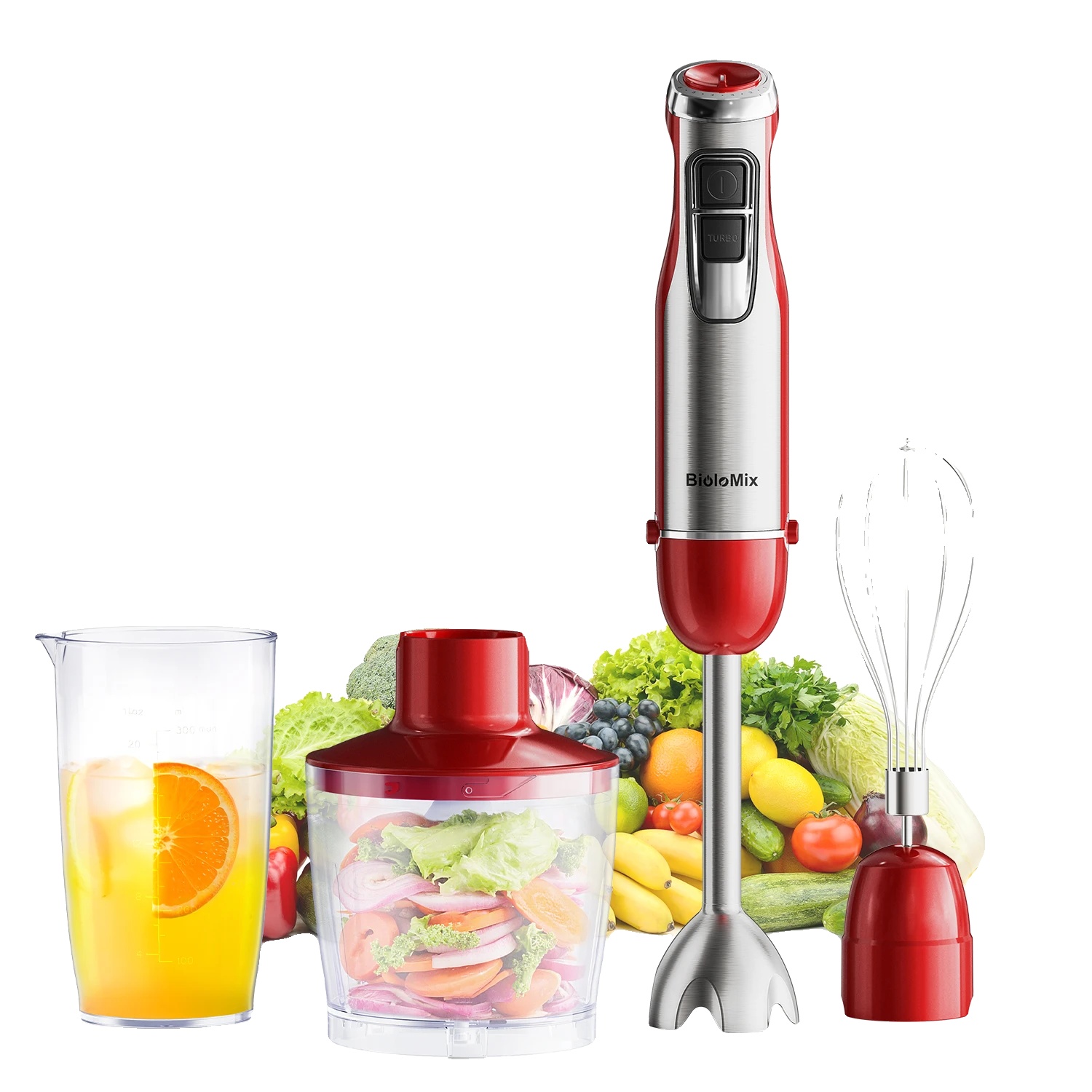 Stabmixer, Multifunktional Mit Zerkleinerer, 6 Geschwindigkeitsstufen, Hb1200 Rot, Eu-stecker, 4 In 1