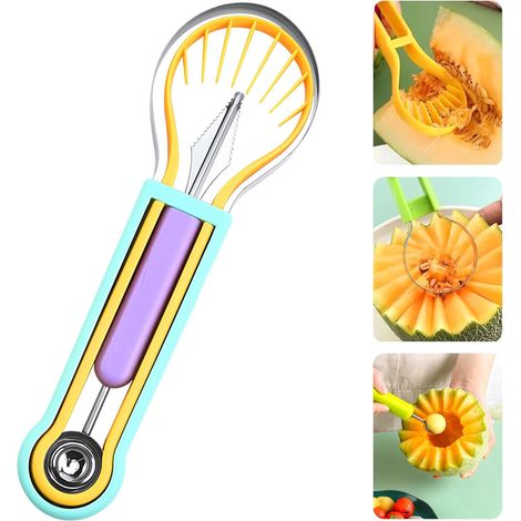 Melonenlöffel-set, 4-in-1-obstbesteck-set Aus Edelstahl, Obstschneider, Fruchtfleischschneider, Wassermelonenlöffel (lila)