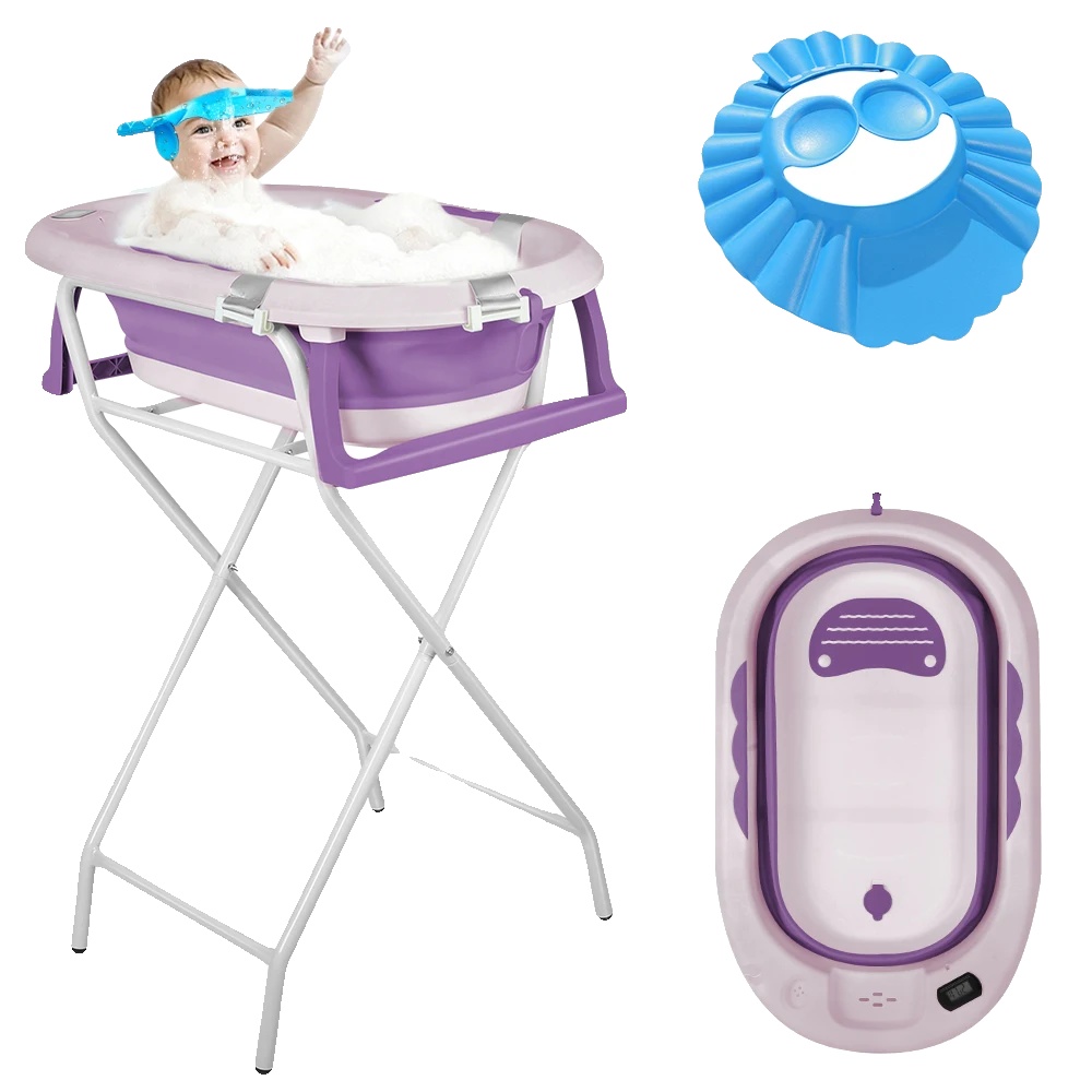Babybadewanne, Faltbares Design, Integriertes Thermometer, Lila
