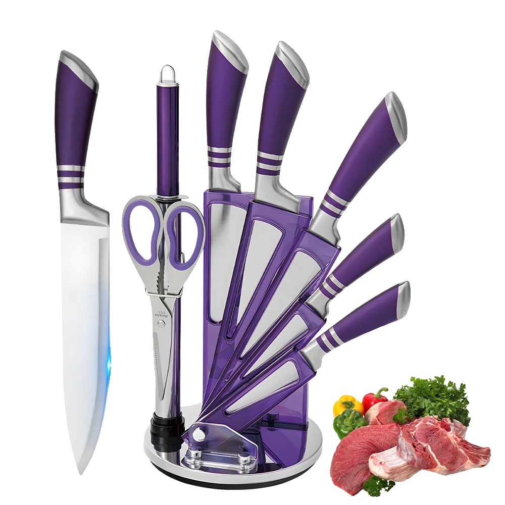 Kochmesser Set, Ergonomischer Griff, Acryl Messerblock, Lila