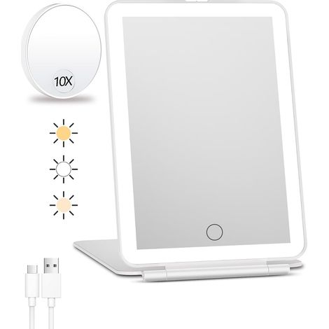 1000-mah-akku – 3-farbige Beleuchtung – Wiederaufladbarer Reise-schminkspiegel Mit Licht Und 10-facher Vergrößerung – 49 Leds – Helligkeit Per Knopfdruck Einstellbar – Tischspiegel