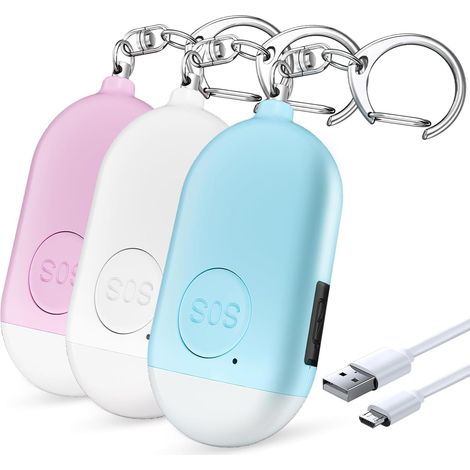 3-teiliges Persönliches Sicherheitsalarm-set – Wiederaufladbar – Blinkende Led Und Sos-sirene – Schlüsselanhänger – Für Frauen, Schüler, Kinder Und Senioren – Weiß/rosa/blau
