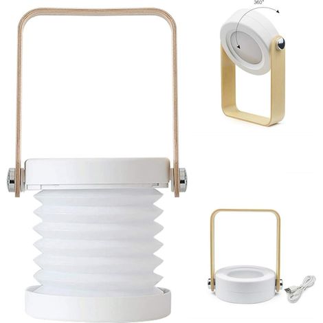 4-in-1 Faltbare Tischlampe – Usb-falt-led-lampe, Tragbare Laterne Mit Holzgriff Und Taschenlampe – 3-stufiges Touch-nachtlicht Zum Lesen Und Campen (weiß)