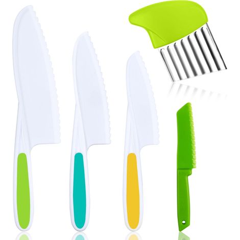 5-teiliges Set Aus Kunststoffmessern Für Kinder, Inklusive Hackmesser, 4 Verschiedenen Größen Kindersicherer Küchenmesser Und Einer Klinge Mit Wellenschliff Für Gemüse Und Obst.