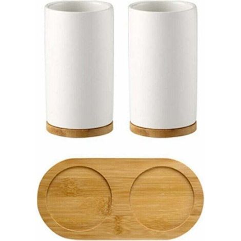 Debuns Keramik-badezimmer-accessoire-set, Becher, Zahnbürstenhalter, Zahnpastaspender Aus Bambus