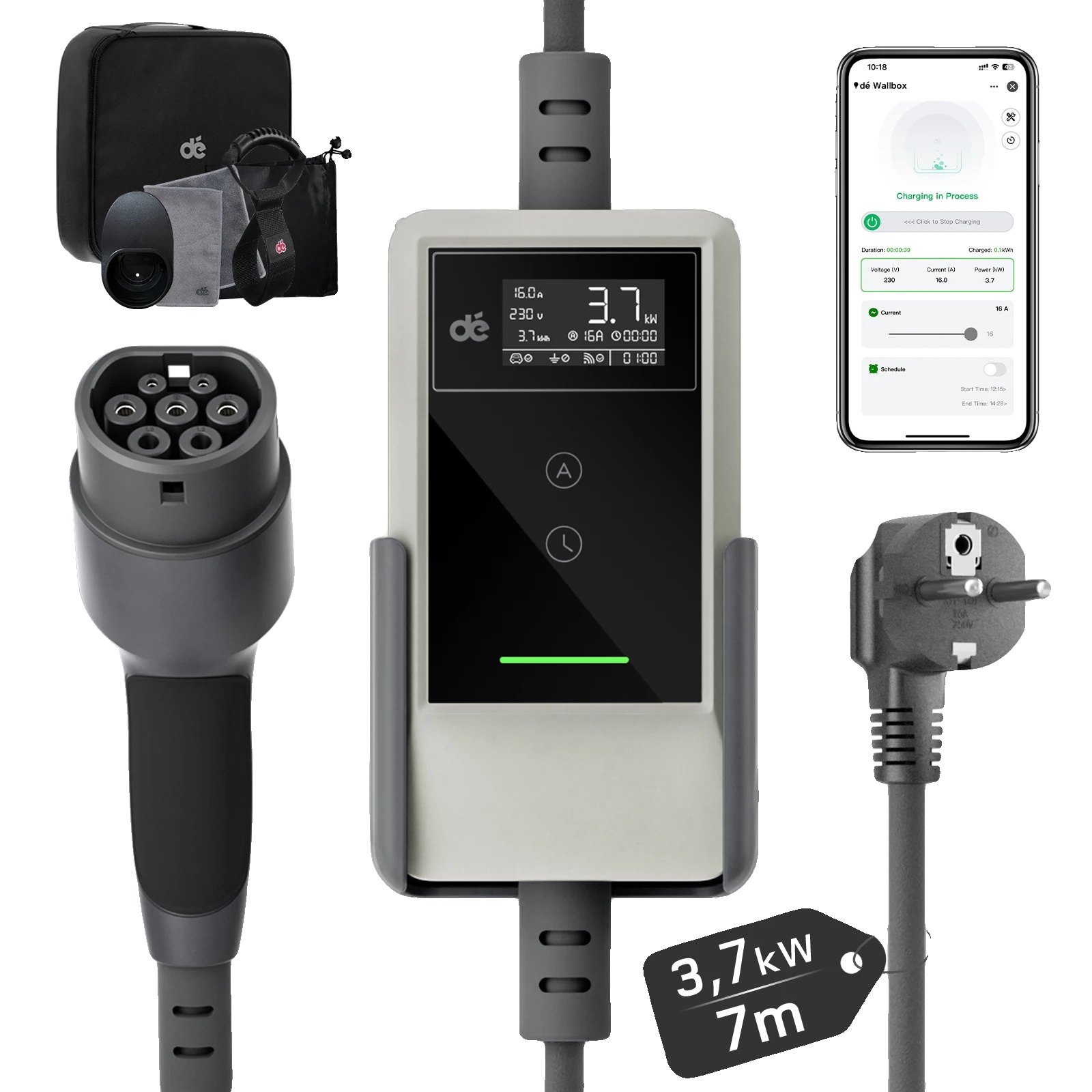 Ev-ladegerät, 3,7 Kw Leistungsausgang, Typ 2 Kompatibilität, 3.7kw 7m App Weiß, Typ2-c