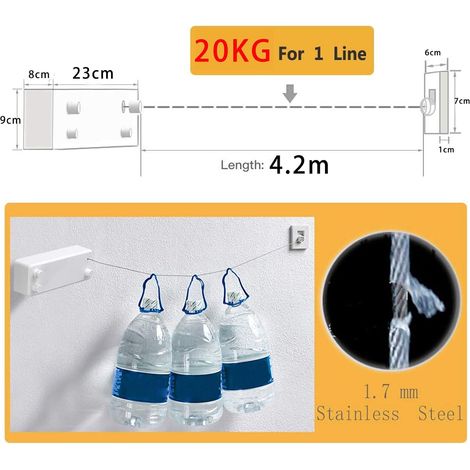 Geeignet Für Den Innen- Und Außenbereich Mit Ausziehbarer Wäscheleine. Stabile Edelstahl-wandhalterung 2 X 4,2 M (bohren Erforderlich), Weiß.