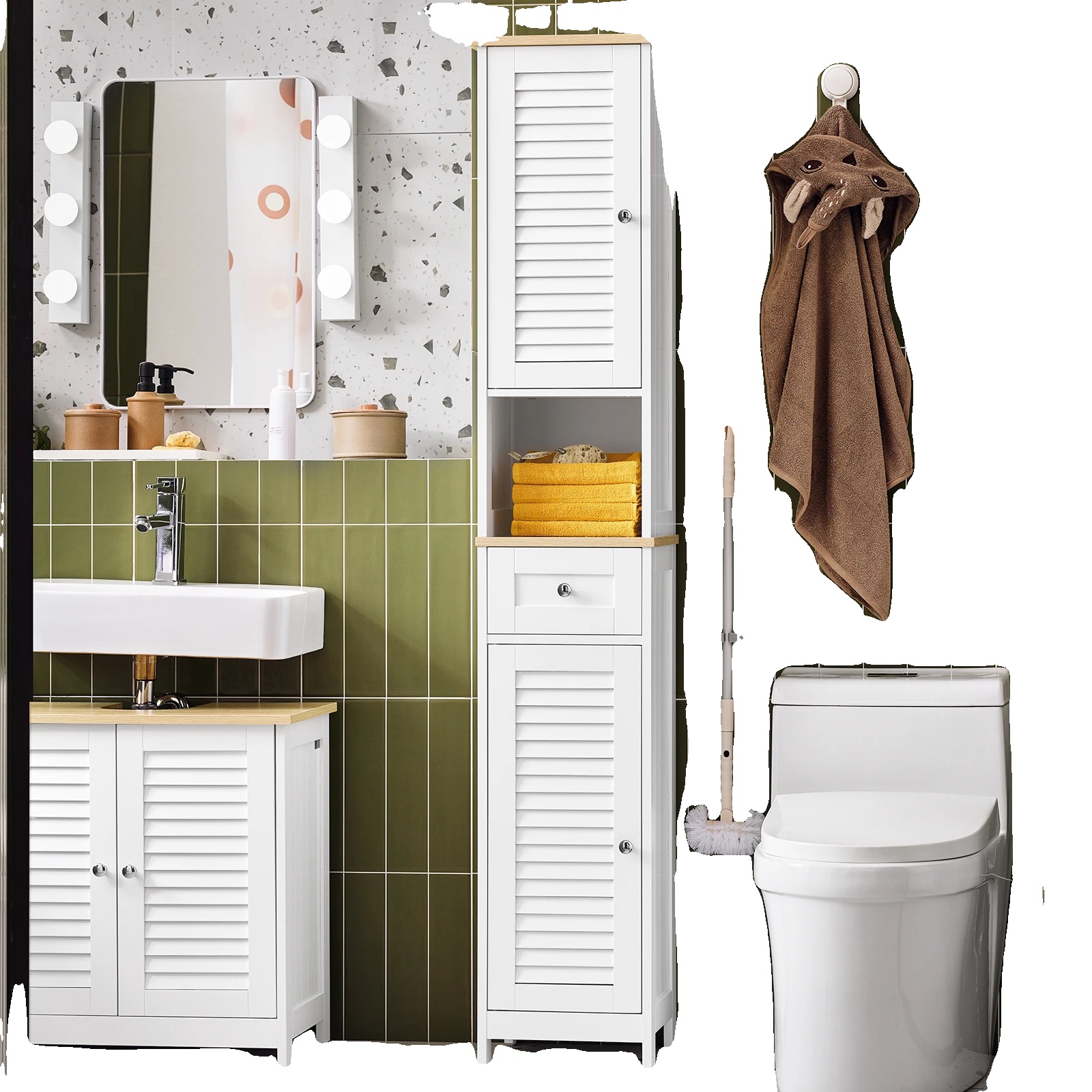 Badezimmerschrank, Modernes Design, Mehrere Stauraumfächer, Weiß Und Natur