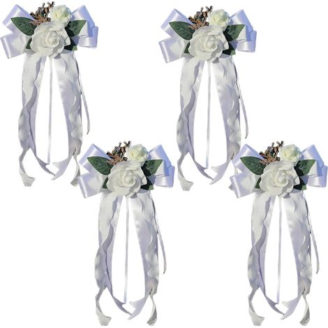 Hochzeitsauto-schleifendekoration, 4 Künstliche, Blumenförmige Spiegeldekorationen Mit Schleifen, Romantische Hochzeitsauto-accessoires, 17 X 36 Cm