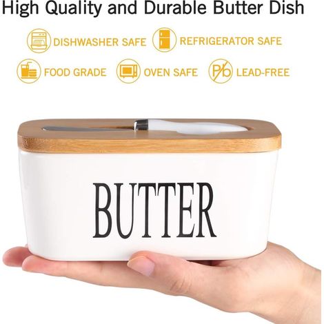 Keramik-butterdose Mit Holzdeckel, Großer Butterhalter Mit Edelstahlstreicher, Bambusdeckel Und Silikondichtung Für Die Westküste, Weiß