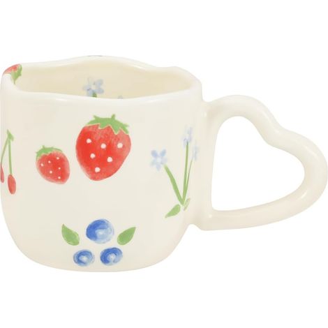 Keramik-kaffeebecher – Innovativer Bedruckter Becher – Herzförmiger Henkel – Geeignet Für Büro Und Zuhause – 250 Ml – Geeignet Für Tee Latte (erdbeere Und Blaue Blüten)