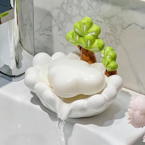 Keramikseifenschale In Form Einer Wolke, Verziert Mit Grünen Bäumen, Weiß, Dekorative Seifenschale Für Badezimmer Mit Abflusssystem.