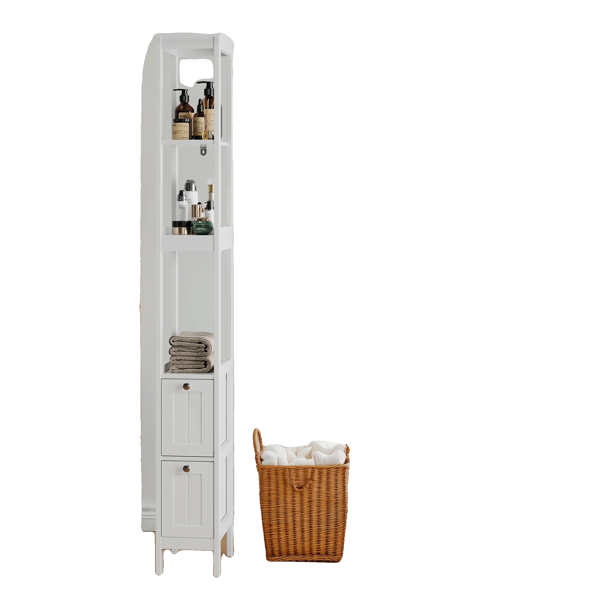 Schmaler Schrank, Offener Und Versteckter Stauraum, Leichtes Design, Weiß - Mdf