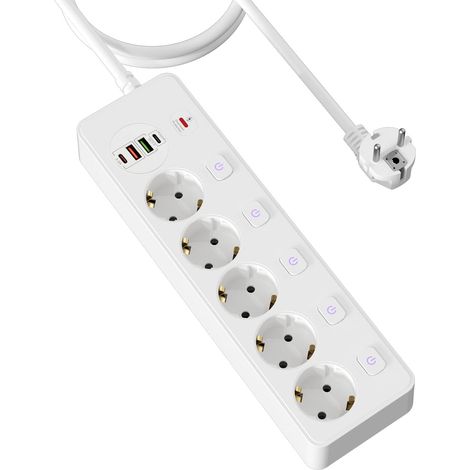 Kompakte Steckdosenleiste Mit 4 Usb-anschlüssen, 5 Steckdosen, Separaten Schaltern, Pd20w- Und Qc3.0-schnellladefunktion, 2 M Kabel – Weiß
