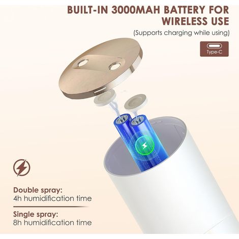 Mini-luftbefeuchter (450 Ml), Kabellos, Mit Kaltnebel, Um 90° Drehbarer Düse Für Gesicht, Pflanzen, Zuhause, Schlafzimmer, Büro, Wiederaufladbar, Leise (28 Db), Nachtlicht, Automatische Bewässerung
