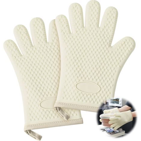 Paar Weiße Silikon-ofenhandschuhe – Fünf Rutschfeste Finger – Wasserabweisend Und Flexibel – Mit Aufhängeschlaufen Zum Backen, Vorbereiten Von Speisen Und