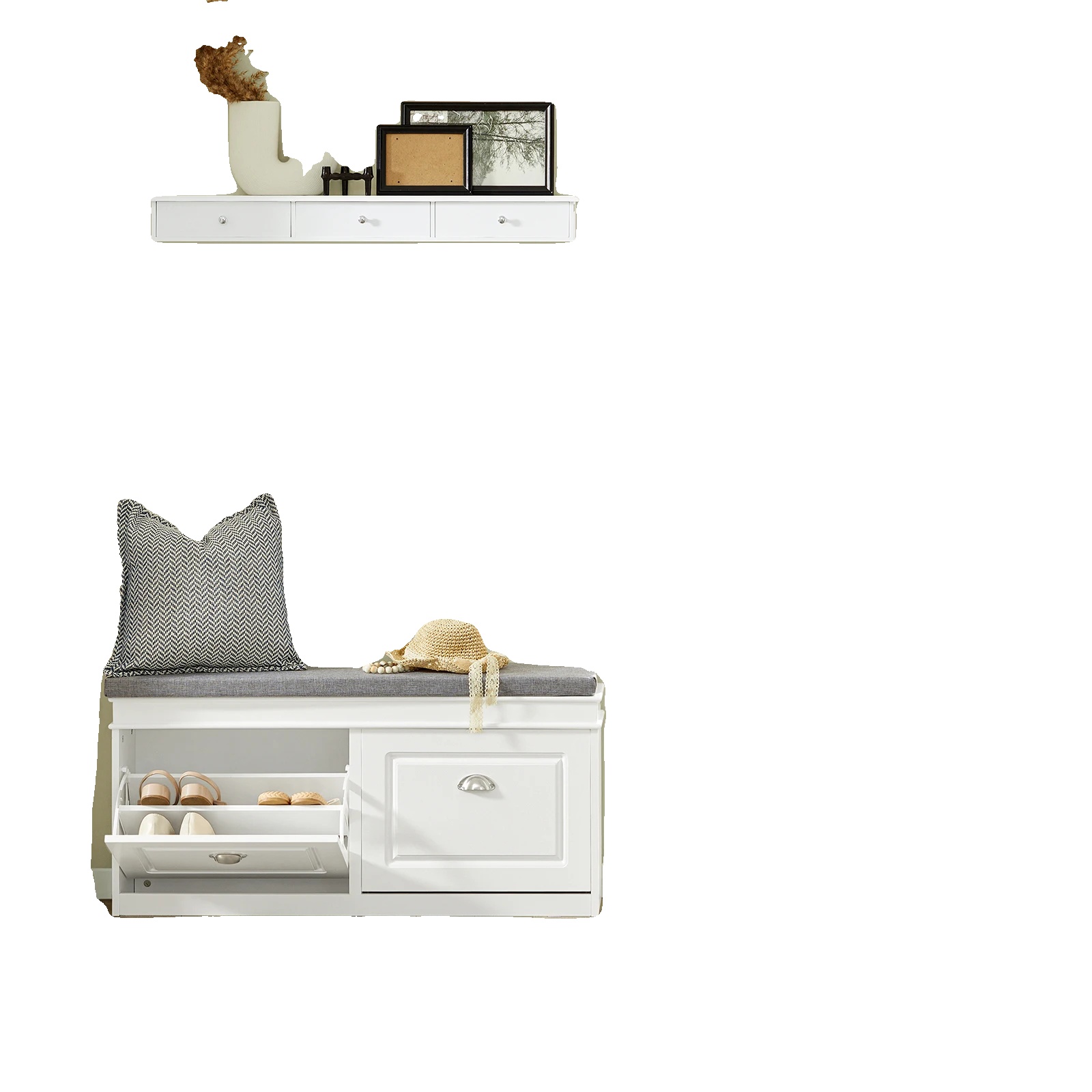 Schuhbank, Platzsparendes Design, Bequeme Sitzpolster, Weiss