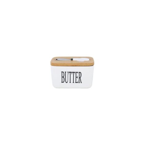 Quadratische Butterdose Aus Porzellan Mit Messer, Bambusdeckel, Weiß, 600 Ml