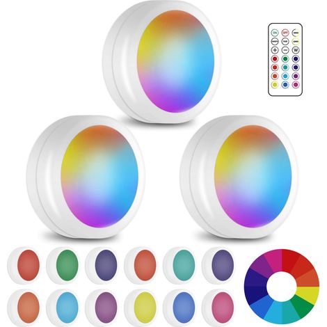 Runde Led-leuchten (mit Drahtloser Fernbedienung) — Rgb-schrankbeleuchtung, Einstellbare Intensität Und Farbe (13 Farben) — 3er-pack (batterien Nicht Enthalten)