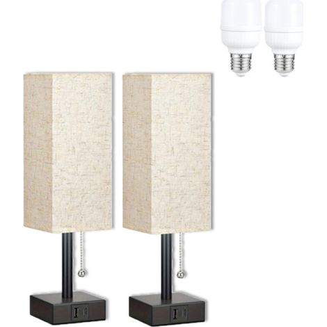 Set Aus 2 Berührungsempfindlichen Nachttischlampen Mit Usb-a- Und Usb-c-anschlüssen, 3 Dimmbaren Glühbirnen, Weißem Leinenlampenschirm, Für Schlafzimmer, Wohnzimmer, Büro (2 Glühbirnen Enthalten)