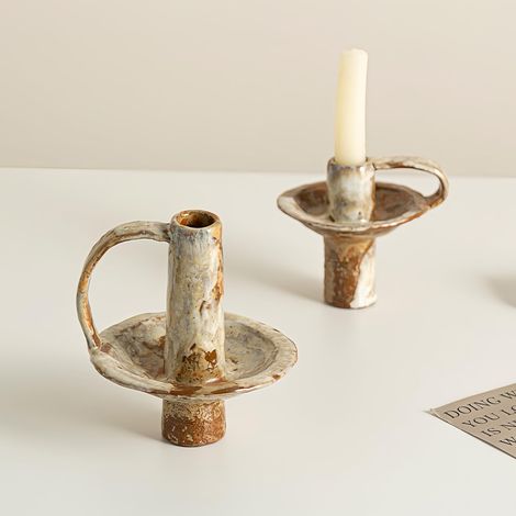 Set Aus 2 Spitz Zulaufenden Kerzenständern, Vintage-kerzenständer Aus Keramik Und Messing, Handgefertigte Kerzenständer, 7/8-zoll-kerzenständer-dekoration