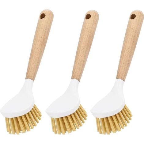 Set Aus 3 Spülbürsten Mit Bambusgriffen, Bestehend Aus Einer Küchenbürste Zum Reinigen Von Töpfen, Spülbecken Und Kochfeldern Sowie Einer Bratpfannenbürste.