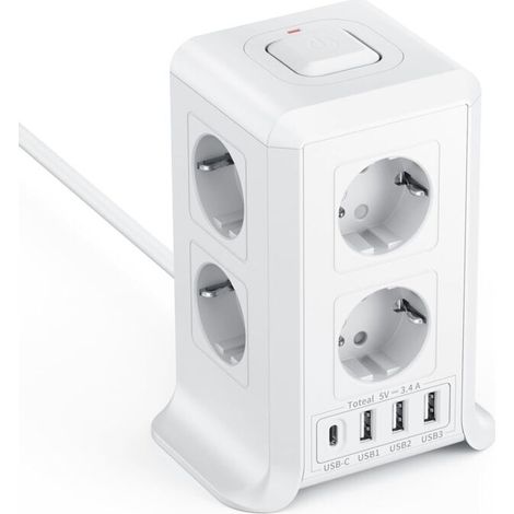 Steckdosenleiste Mit Schalter - 8 Netzsteckdosen Und 4 Usb-anschlüsse - Geeignet Für Büros Und Wohnzimmer - 3 Meter Kabel, Weiß.