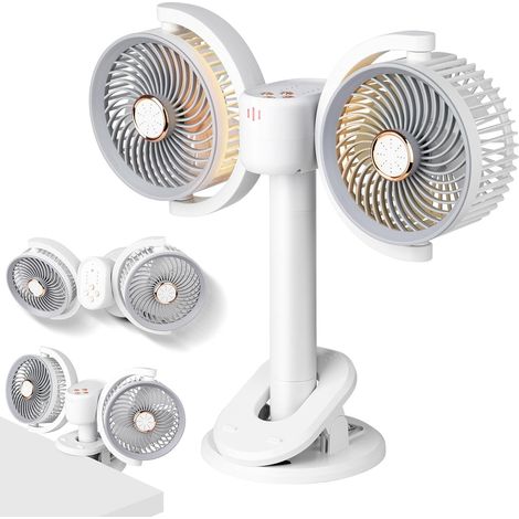 Tragbarer Tischventilator Mit Zwei Ventilatorköpfen, Wiederaufladbar, Mit Led-licht, Wandmontierbar, Extrem Leise, 360° Drehbar, Abnehmbar Für Auto, Tisch, Schlafzimmer, Büro, Camping, Kinderwagen Und