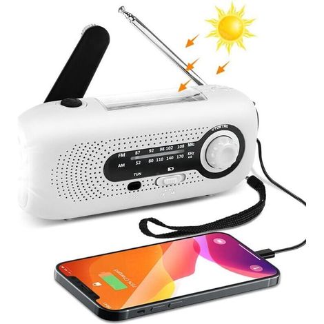 Tragbares Solar-notfallradio Mit Handkurbel, Wiederaufladbarer 2000-mah-akku, Led-taschenlampe, Handkurbel-dynamo Für Camping, Survival, Reisen Und Notfälle (weiß), Von Debuns