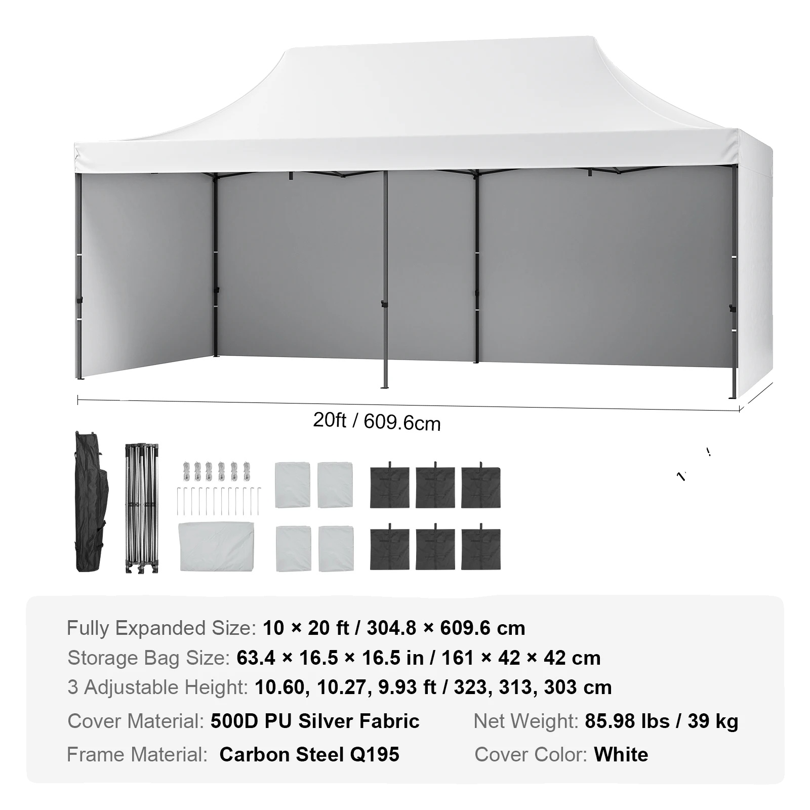 Pop-up Pavillon, Wasserdichtes Design, Tragetasche, 10x20ft Weiß