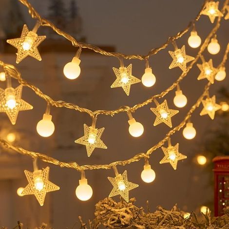 Wasserdichte Lichterkette – Partydekoration – Warmweiß – [batteriebetrieben] 3 M, 20 Lichter (blinkend) – Sterne + Bubble Balls