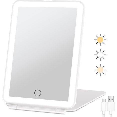Wiederaufladbarer Reise-schminkspiegel Mit 49 Leds, Beleuchteter Tragbarer Schminkspiegel, 3-farbige Beleuchtung, Touchscreen Mit Einstellbarer Helligkeit, Led-tisch-schminkspiegel