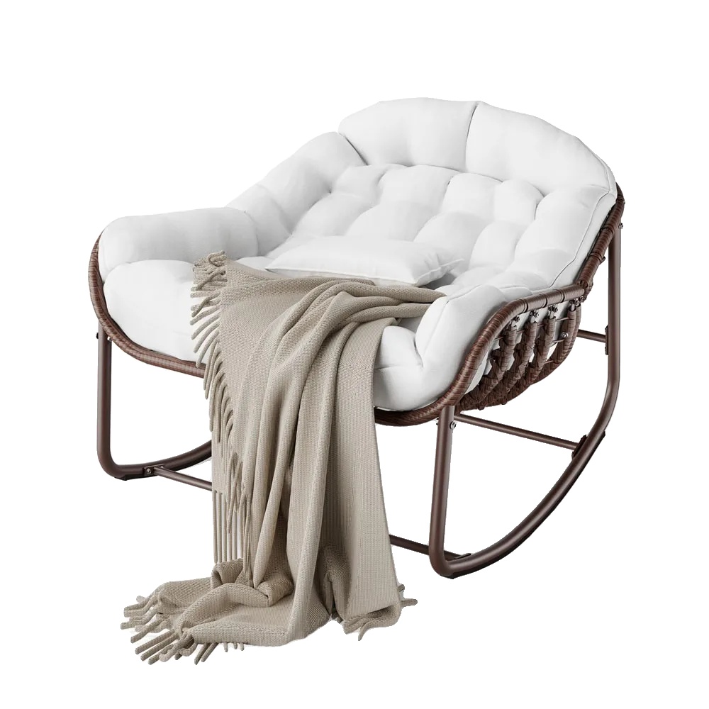 Schaukelstuhl, Rattan- Und Metallrahmen, Bequeme Gartenliege, Weiß