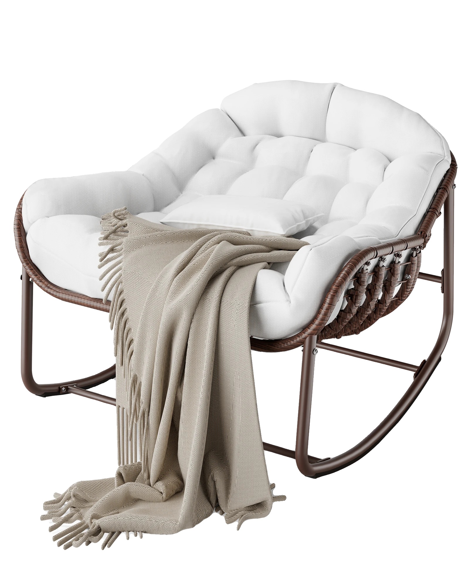 Rattan Schaukelstuhl, Dickes Kissen, Modernes Design, Reis Weiß