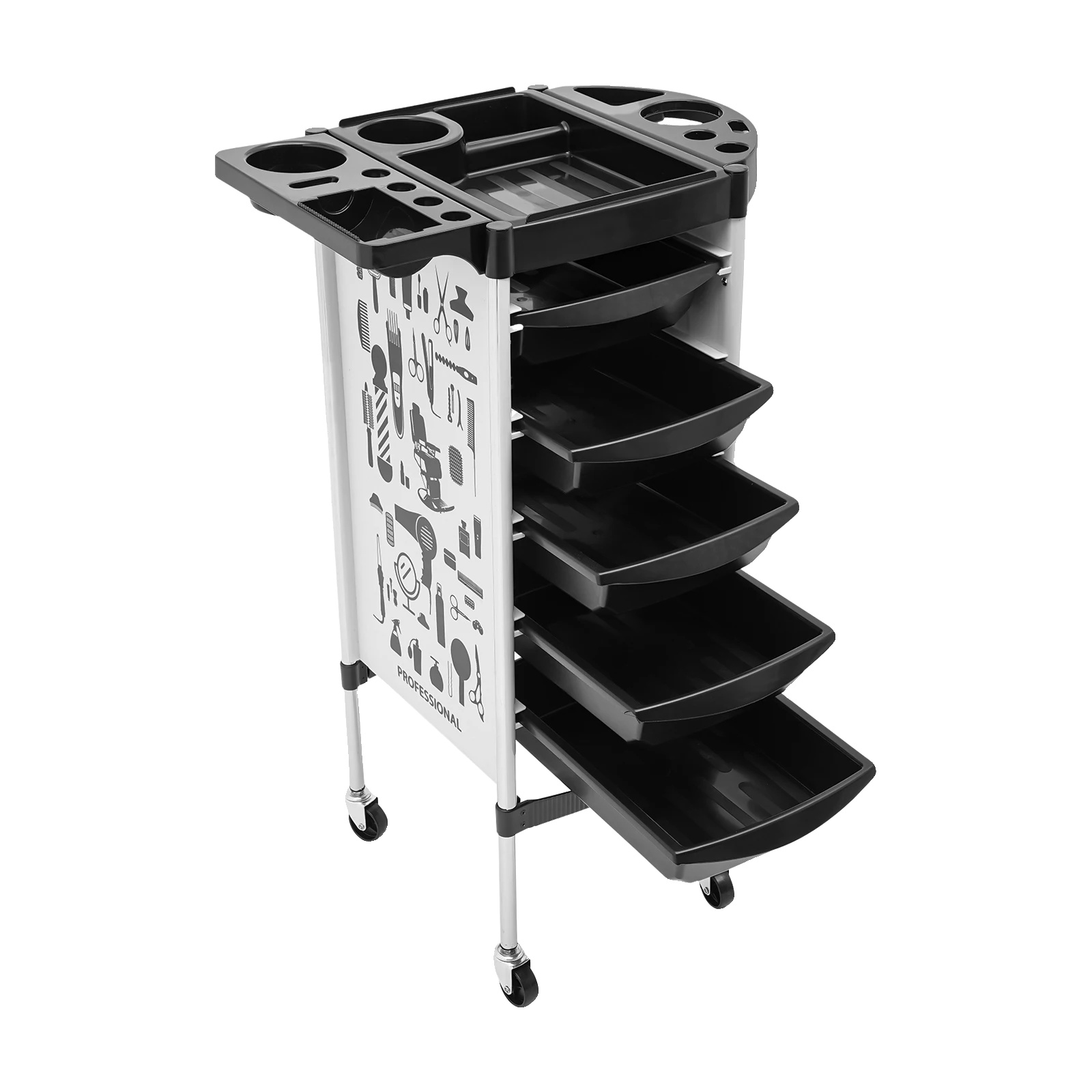 Friseurtrolley, 6 Ebenen, 5 Schubladen, Weiss
