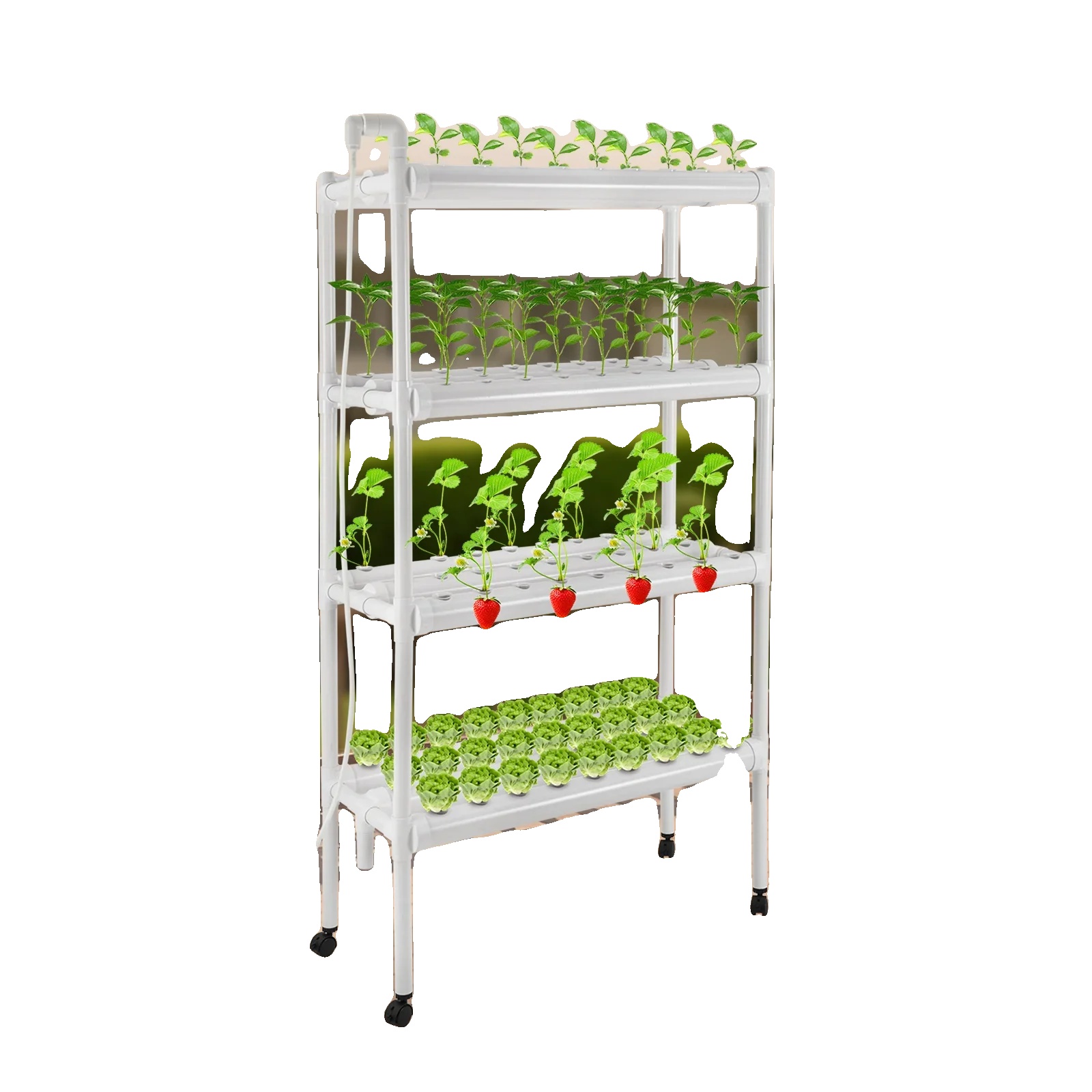 Hydroponisches Anbausystem, 4 Schichten, 108 Fächer, Durchflussrate 55 Gallonen/stunde, Pumpenhubhöhe 6,56 Fuß, Hochfester Pvc