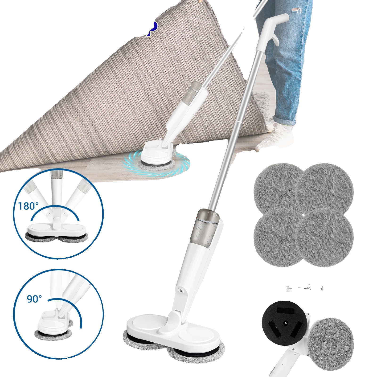 Elektrischer Sprühmopp, Doppelt Rotierende Köpfe, Wiederaufladbarer Akku, 200 Ml Wassertank, Bis Zu 60 Minuten Nutzung, 180° Drehung