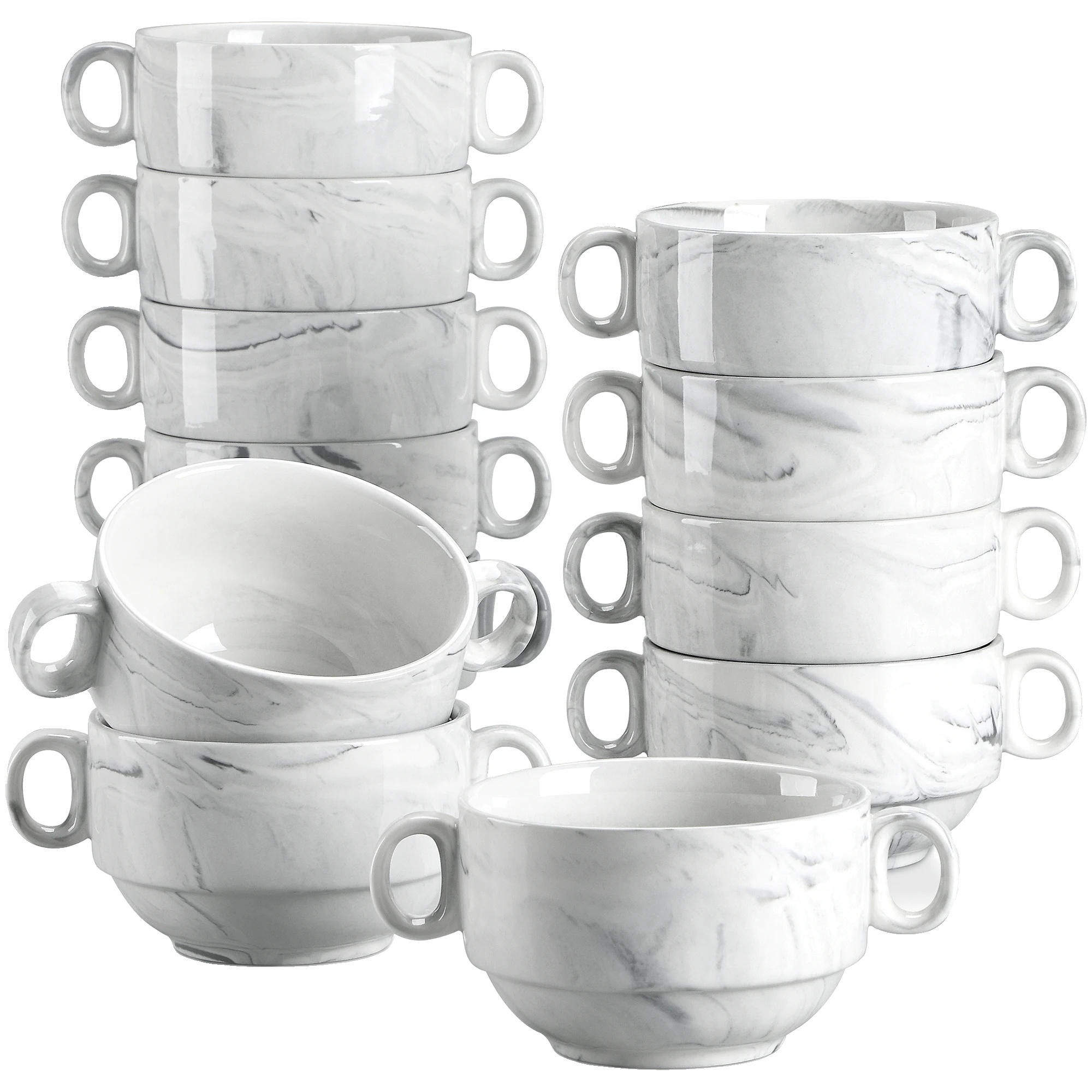 Salatschüsseln, Porzellan, Ergonomische Doppelgriffe, 12 Pcs