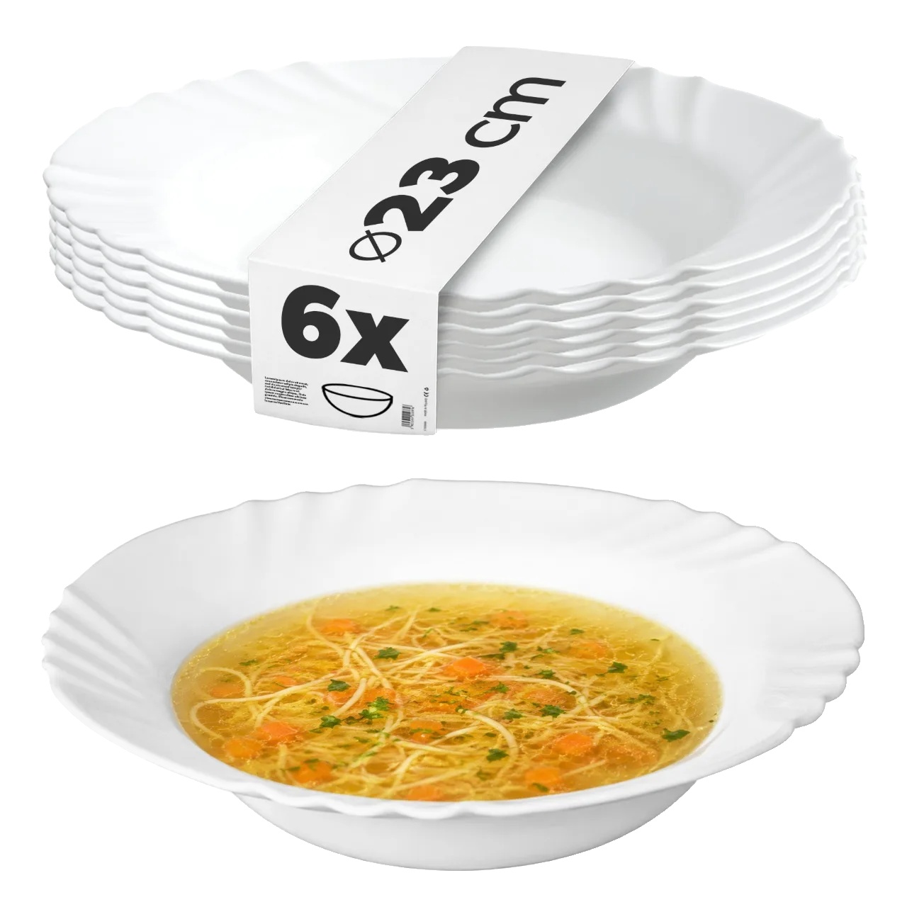 Tiefe Speiseteller, Set Von 6, Langlebiges Gehärtetes Glas, Weiss